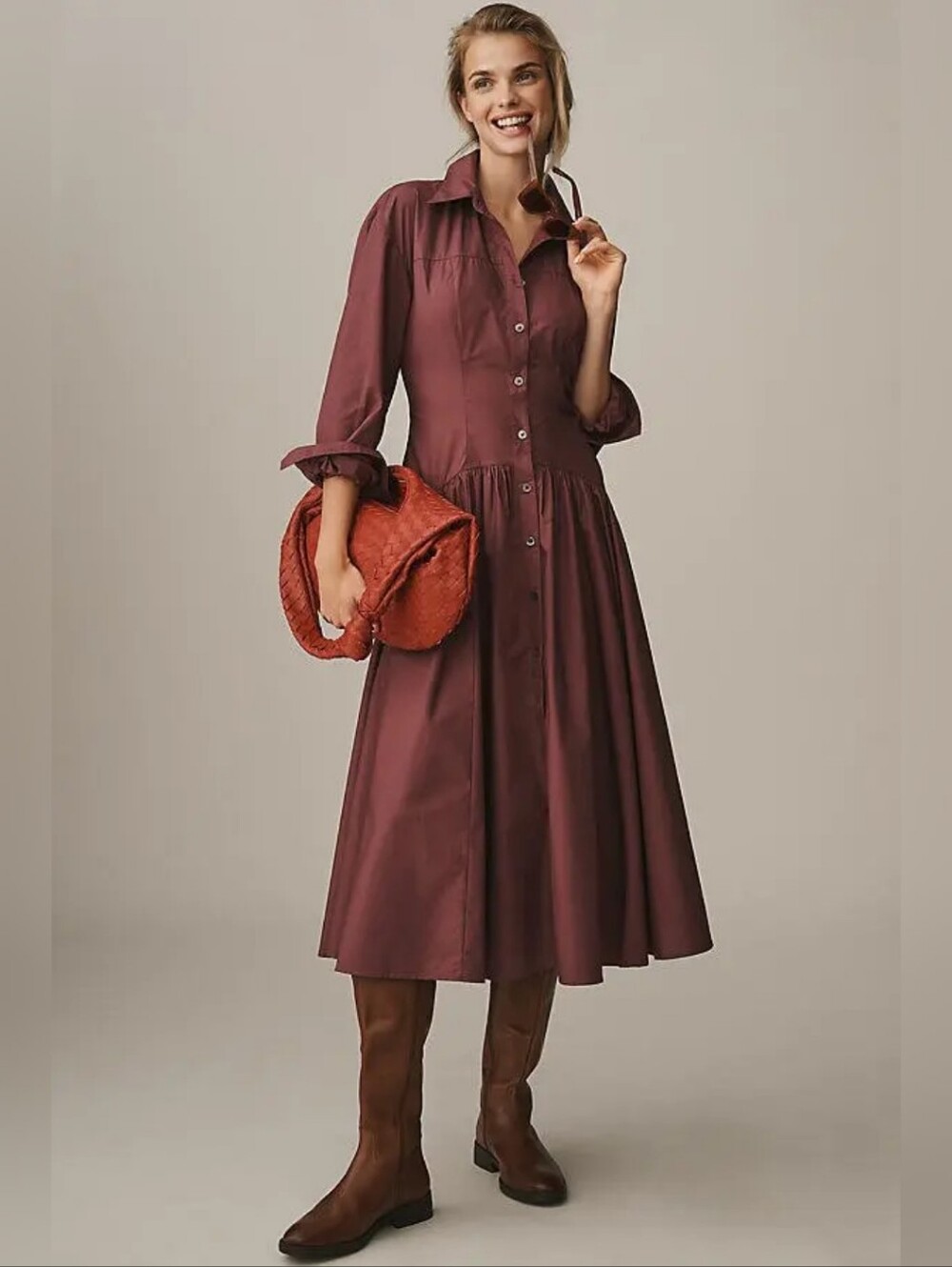 Anthropologie Drop-Waist Midi Shirt Dress in Cherrywood/Wine